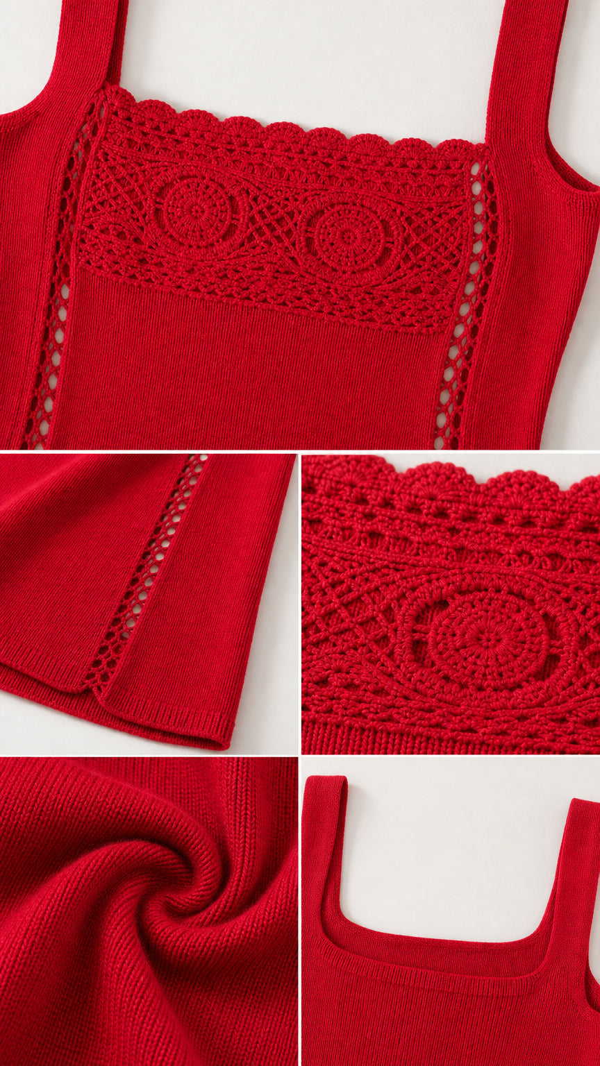 Close-up details of red dress crochet trim, texture, and neckline