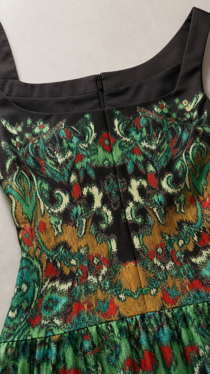 Close-up detail of the square neckline and tapestry pattern fabric