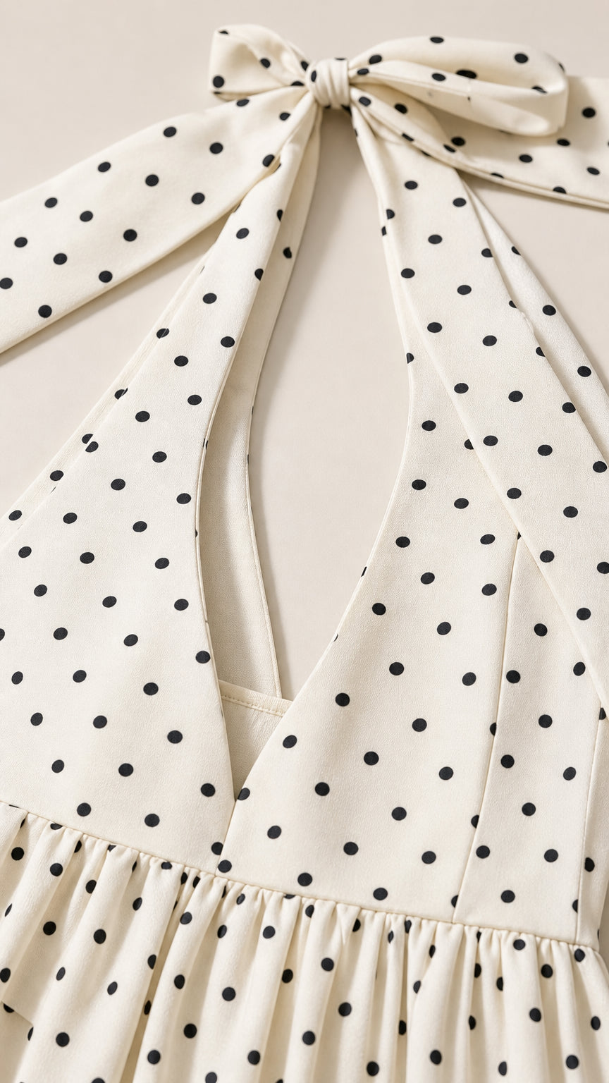 Close-up detail of halter neckline and back bow tie on polka dot fabric