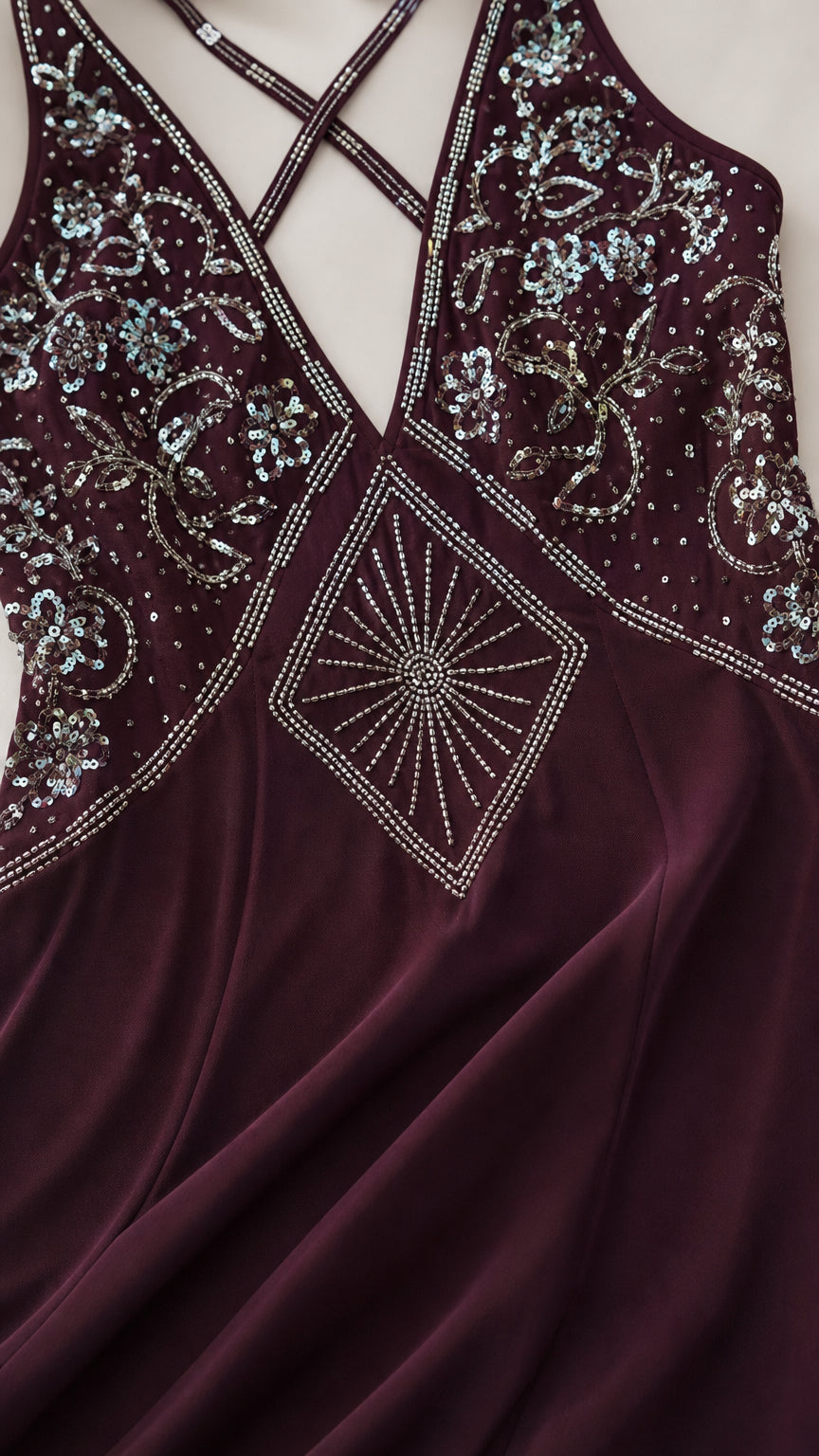 Close-up detail of sequin and beadwork on the bodice