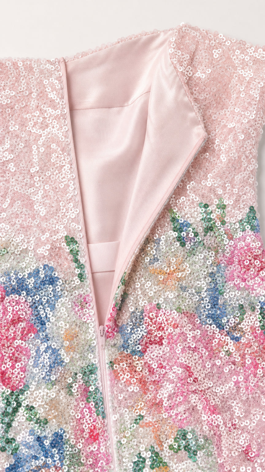 Close-up detail of zipper and sequin floral embellishment on pink dress