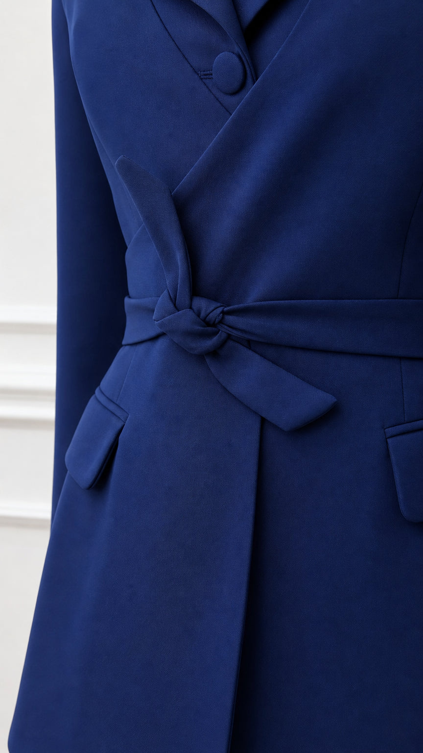 Close-up detail of blazer lapel, buttons, and waist tie in royal blue