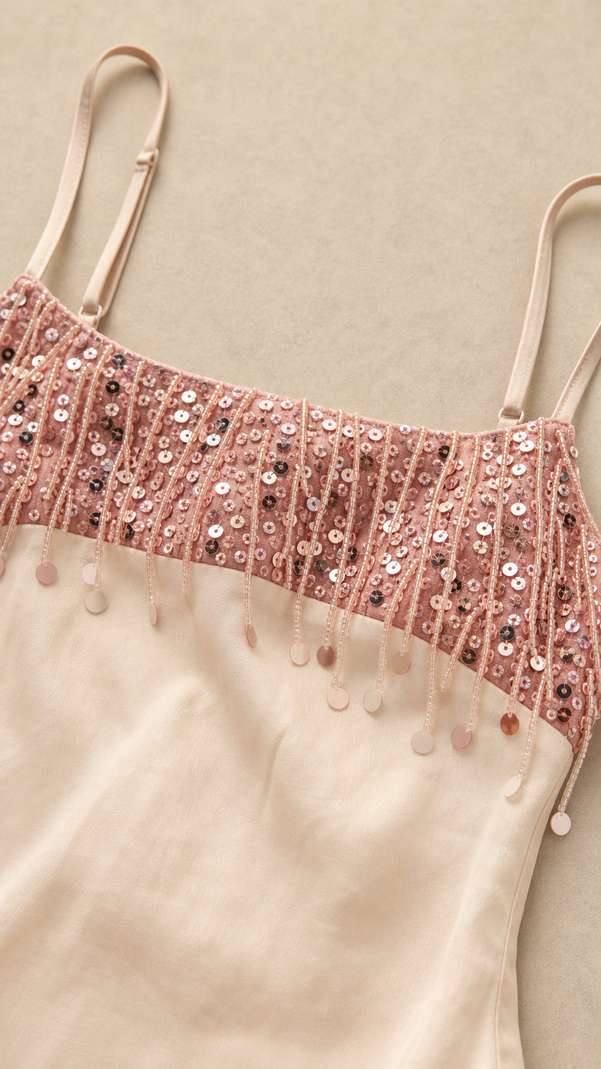 Close-up of the sequin and beaded bodice detail