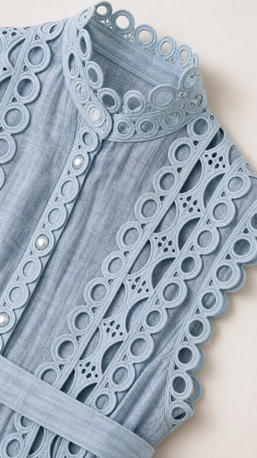 Close-up of stand collar and cutout lace details on Light Blue dress