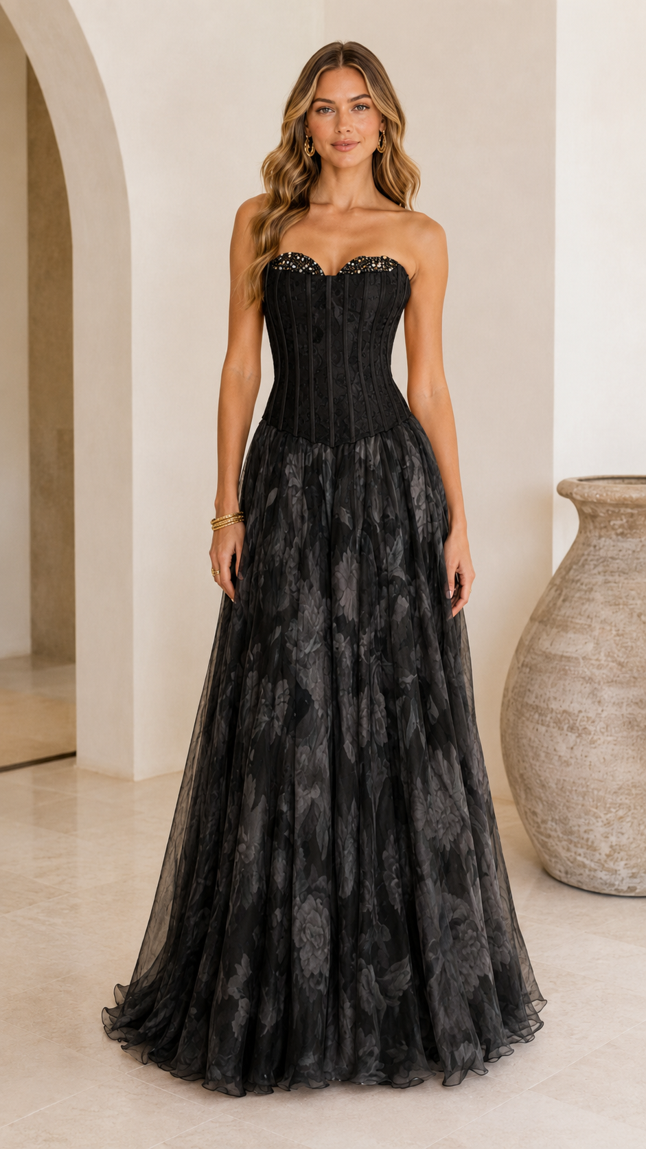 Black strapless corset floral maxi gown front view