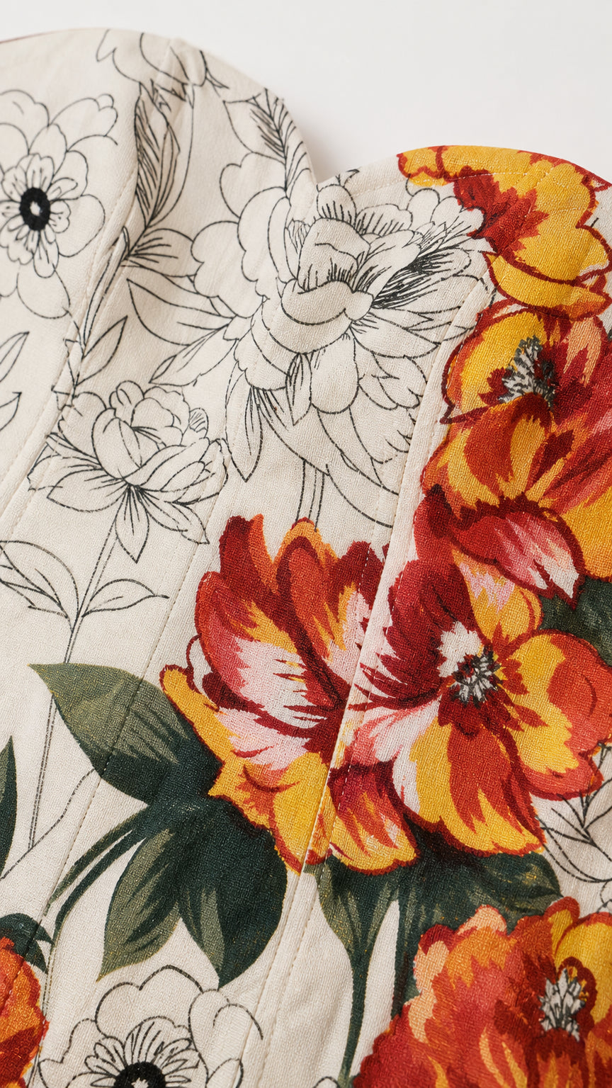 Close-up detail of the fabric texture and floral print