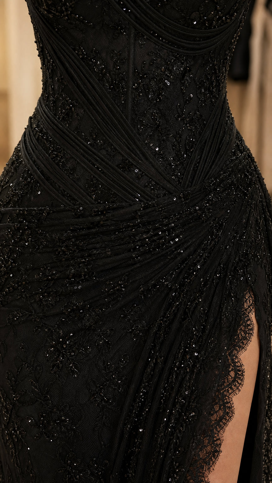 Close-up detail of sequin embroidery and lace trim on high slit