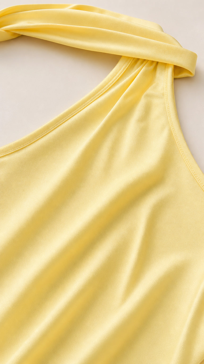 Close-up of the smooth yellow satin fabric and one-shoulder halter neckline