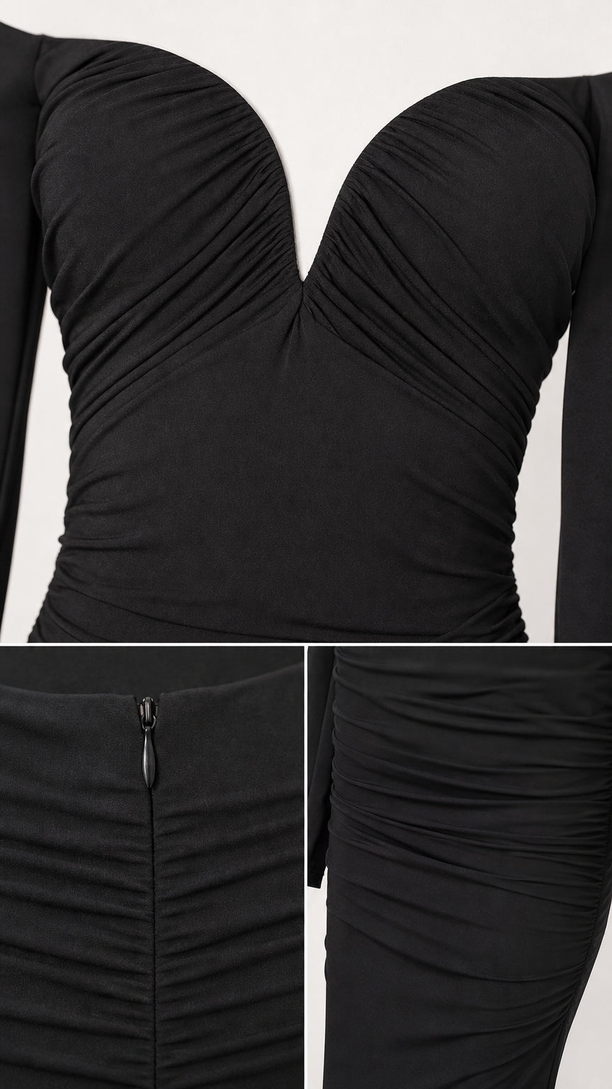 Close-up of bodice sweetheart neckline and back zipper