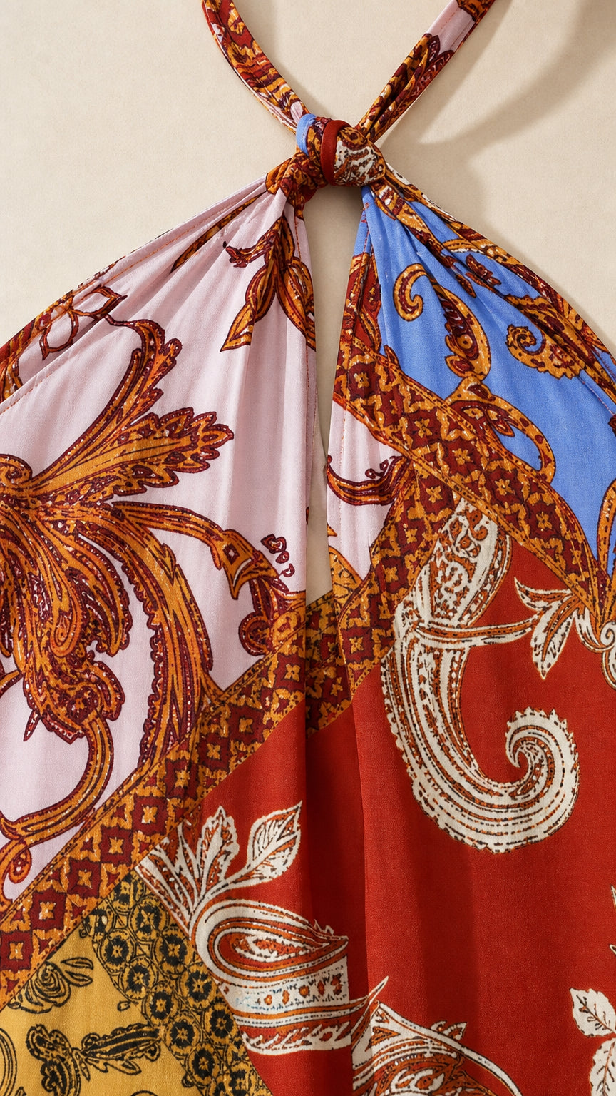 Close up of halter neck tie and paisley print detail