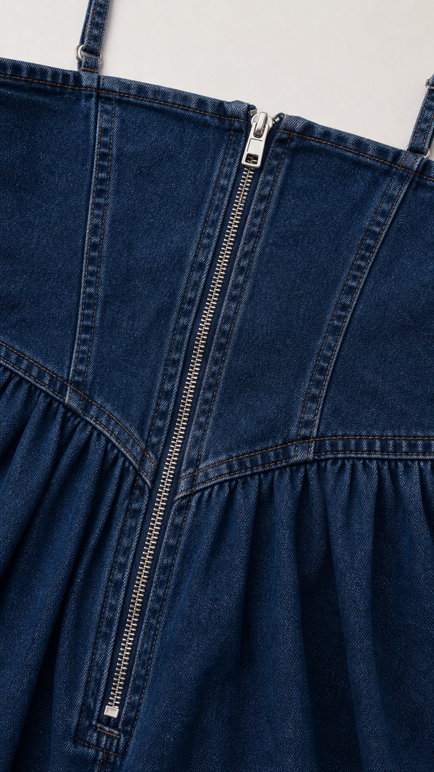 Close-up detail of back zipper and stitching on denim dress