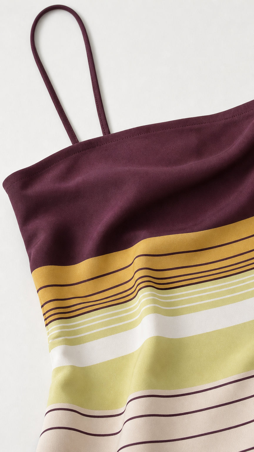 Close up of spaghetti strap and striped bodice detail
