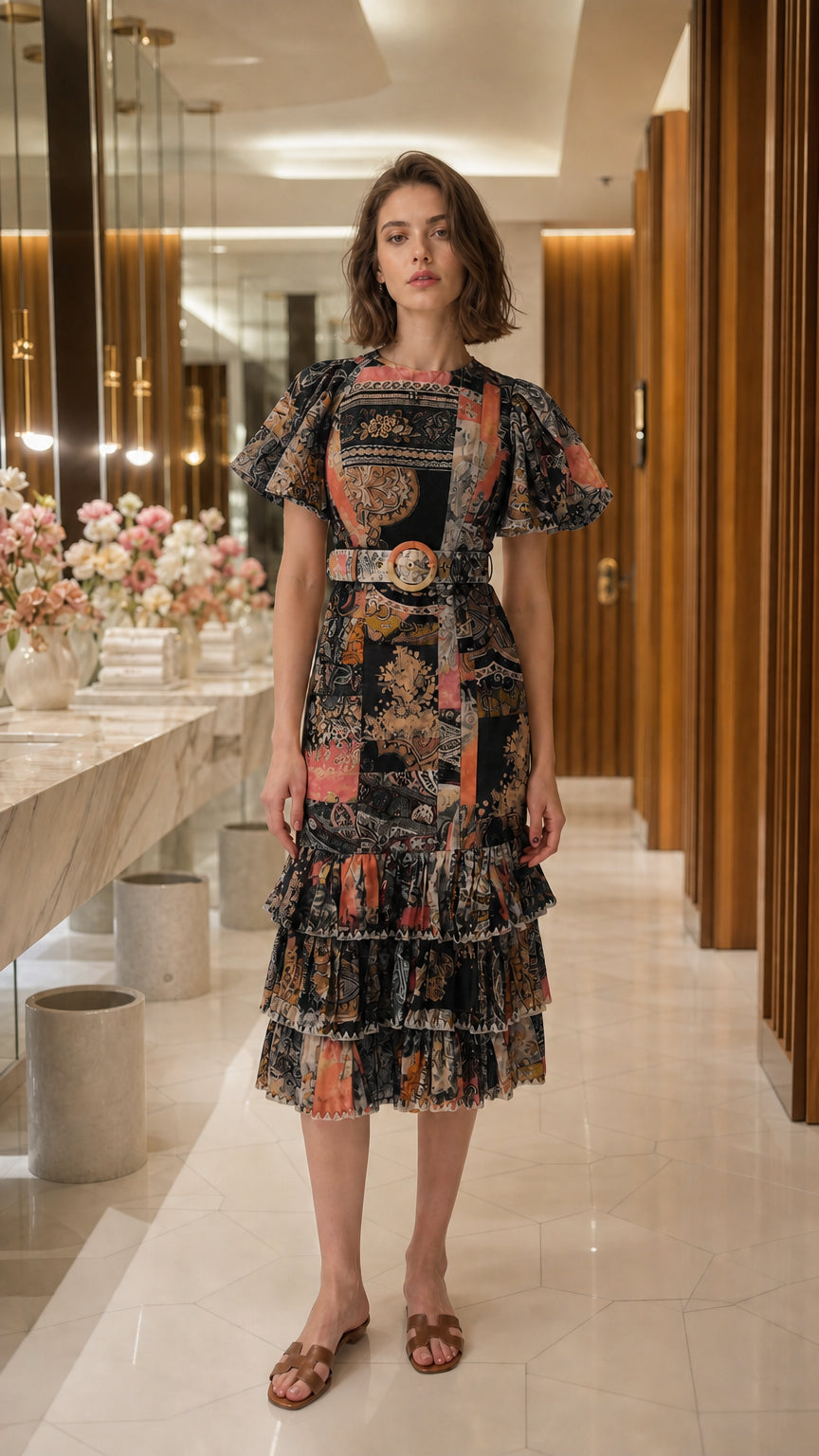 Full view of woman wearing black patchwork midi dress