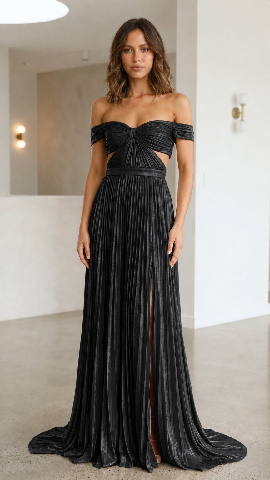 Front view of black metallic off-shoulder maxi dress