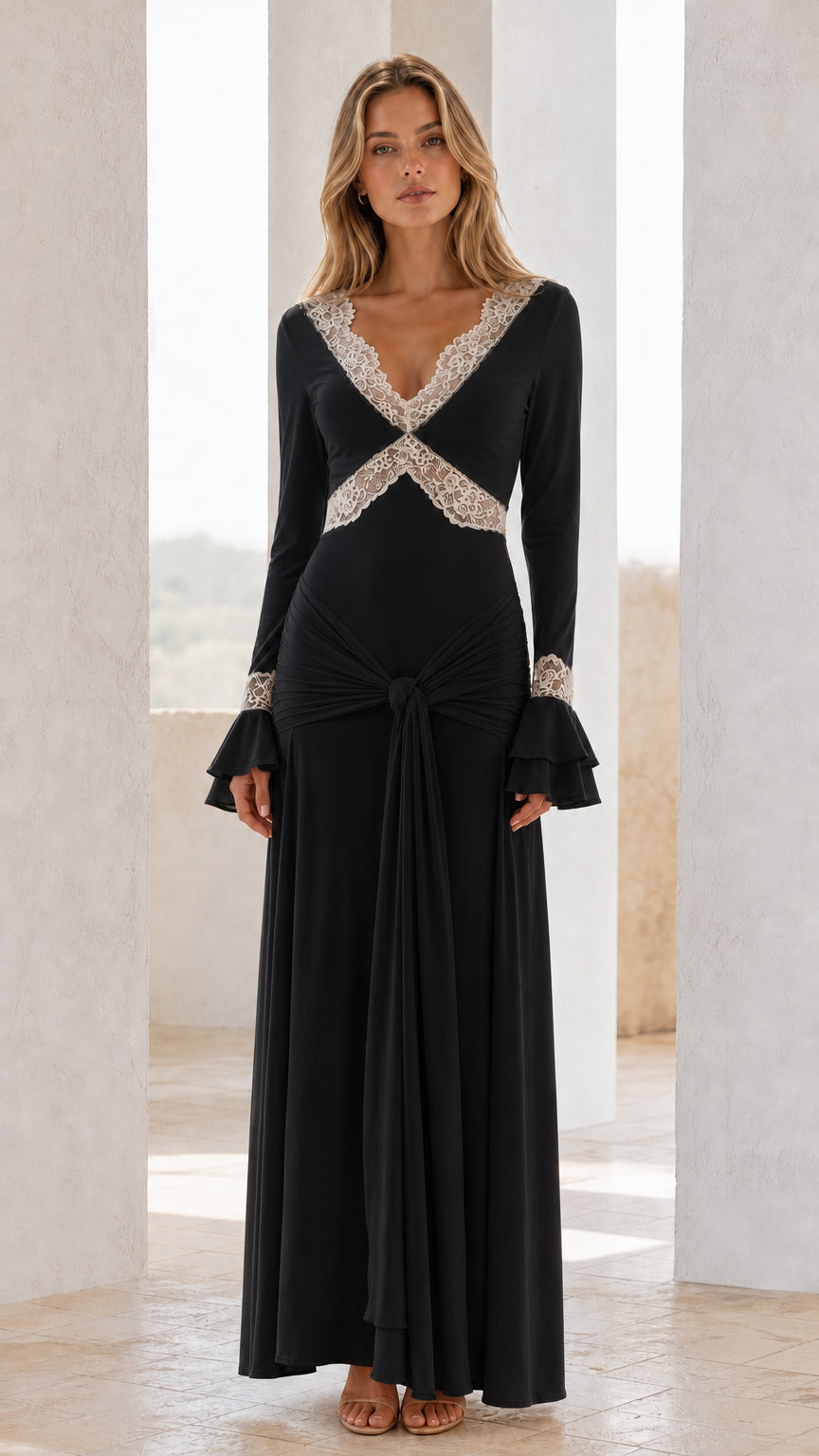 Front view of black lace-trimmed long sleeve maxi dress
