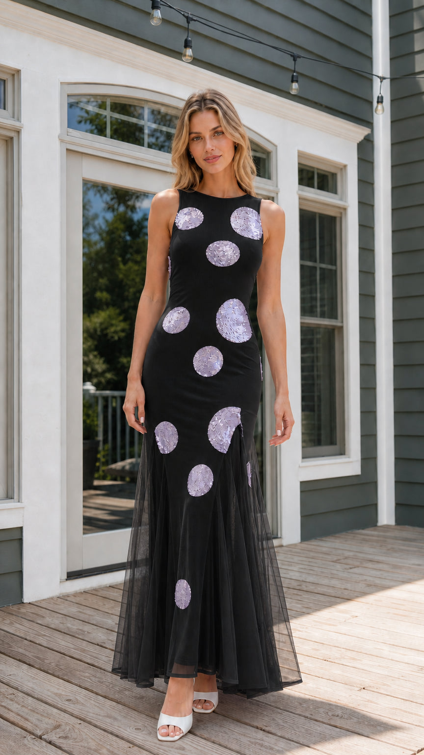 Black color variant of sequin polka dot maxi dress