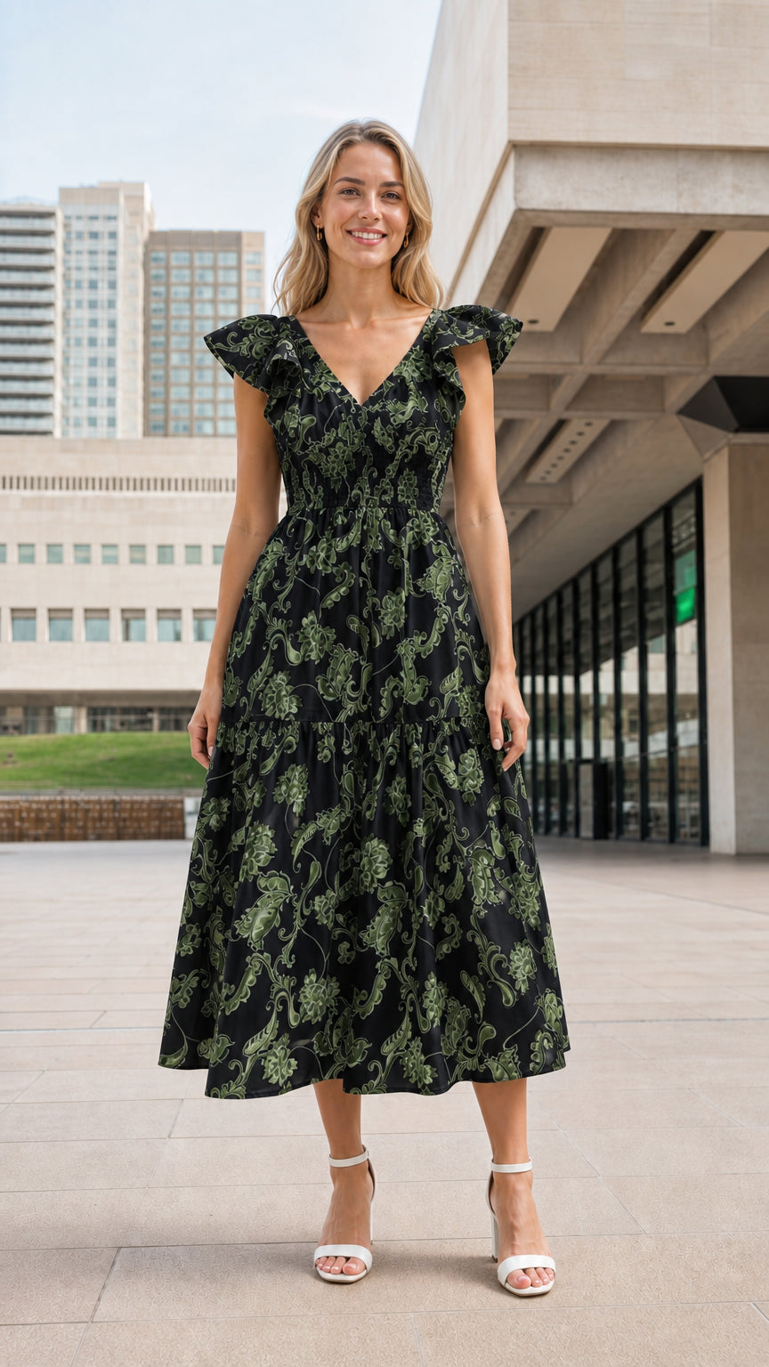 Woman wearing black floral ruffle smocked midi dress
