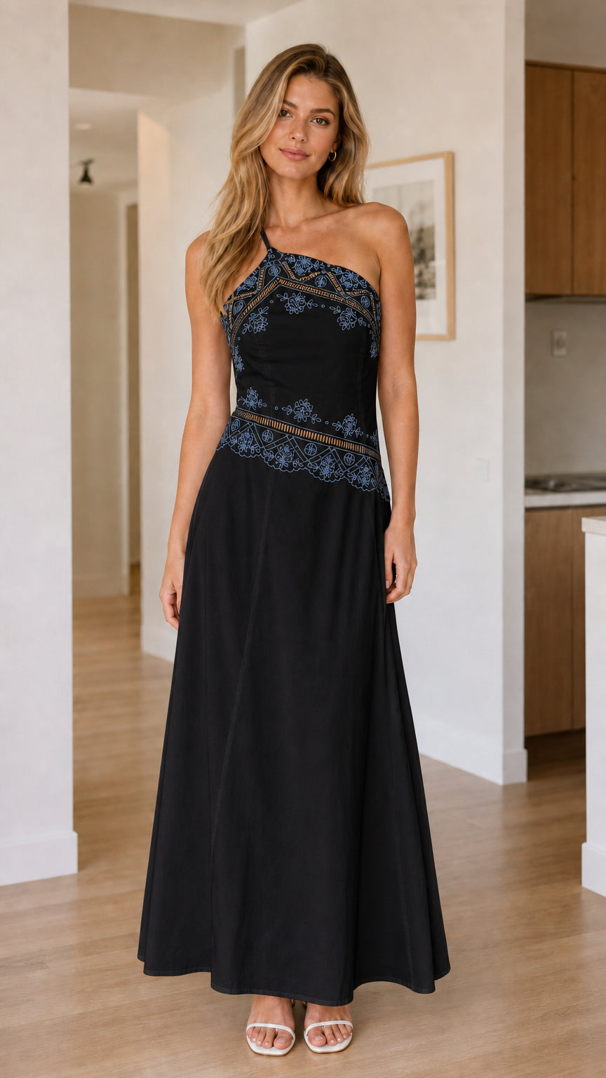 Front view of black one-shoulder embroidered maxi dress
