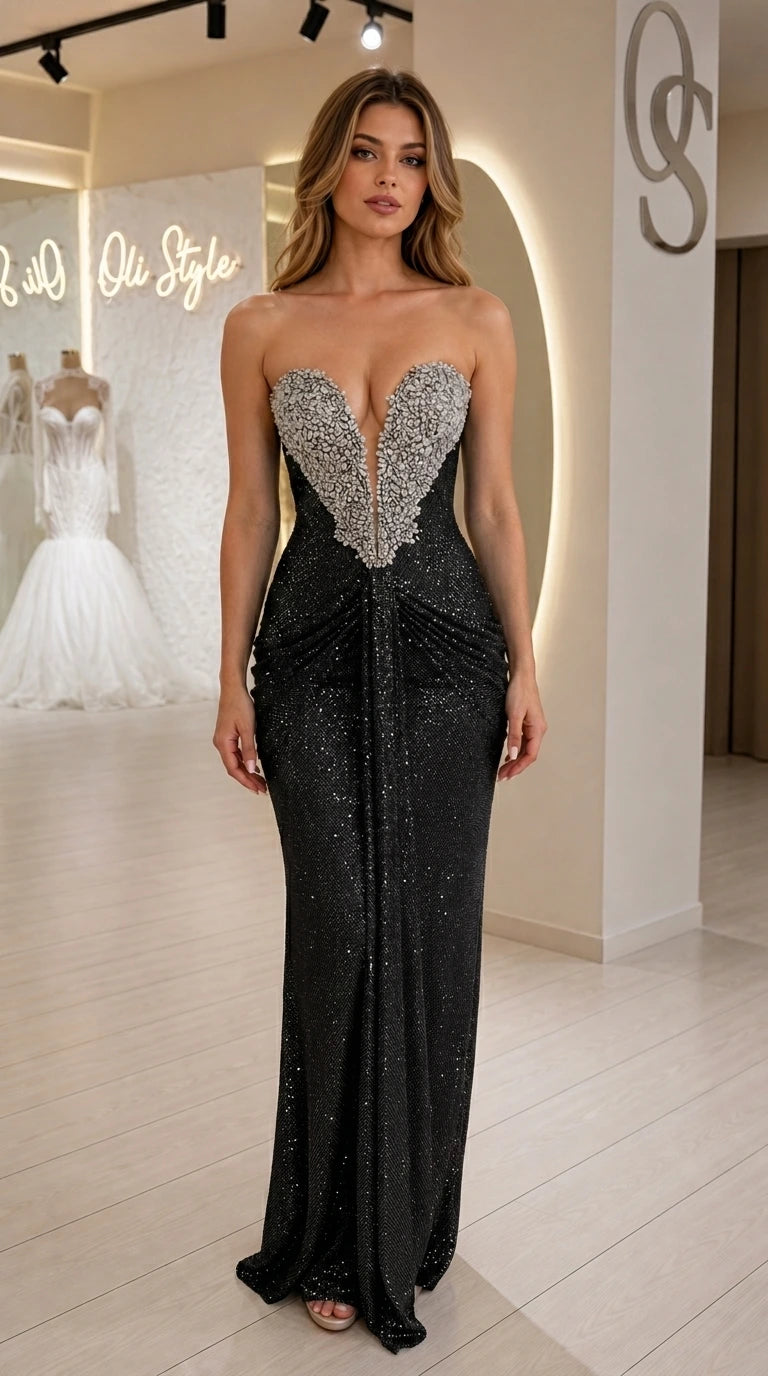 Front view of model wearing black strapless sequin evening dress
