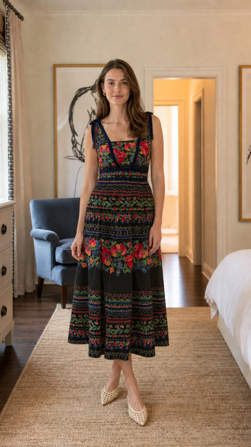 Full view of woman wearing black floral print midi dress