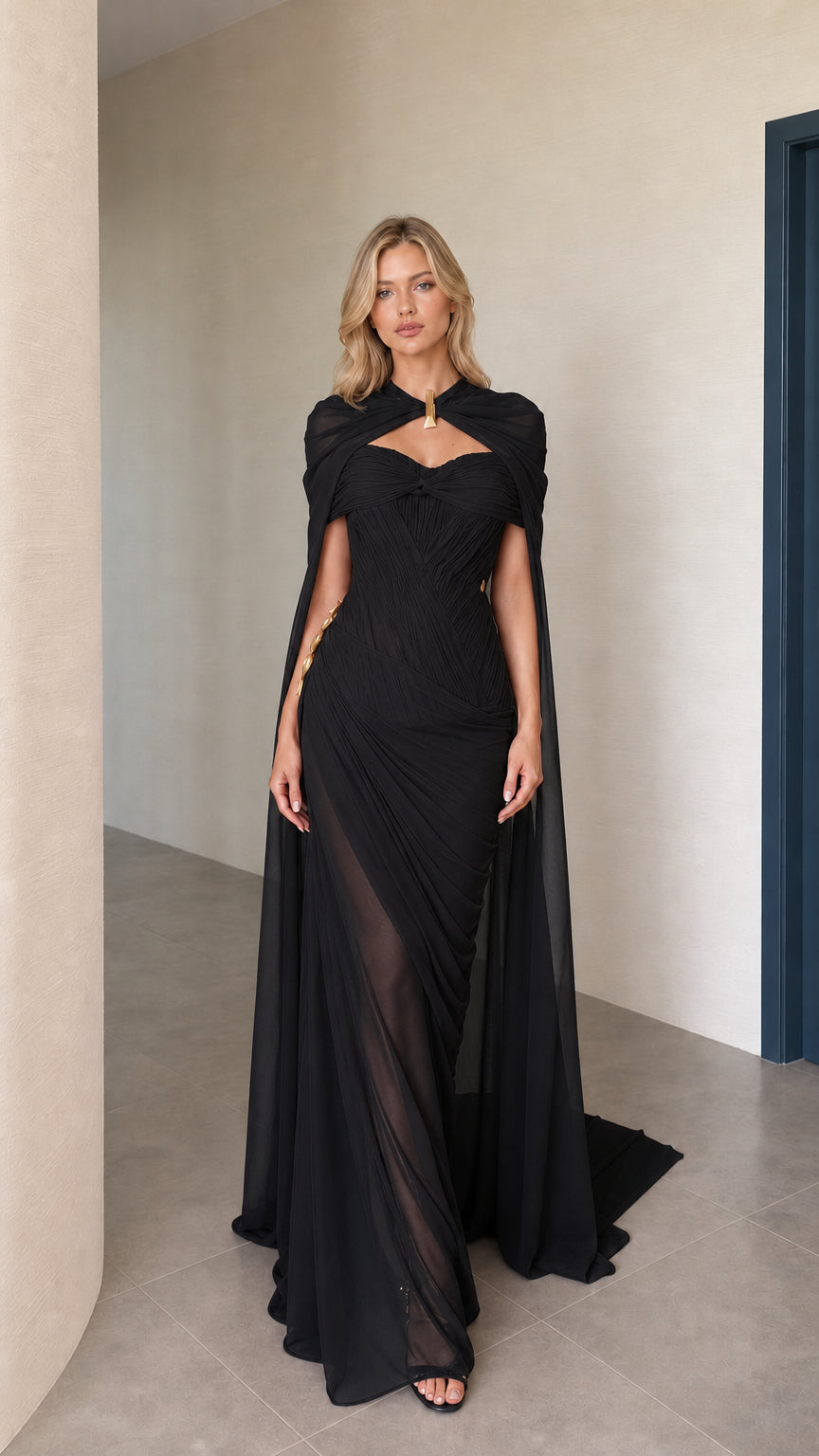 Front view of black cape maxi evening dress