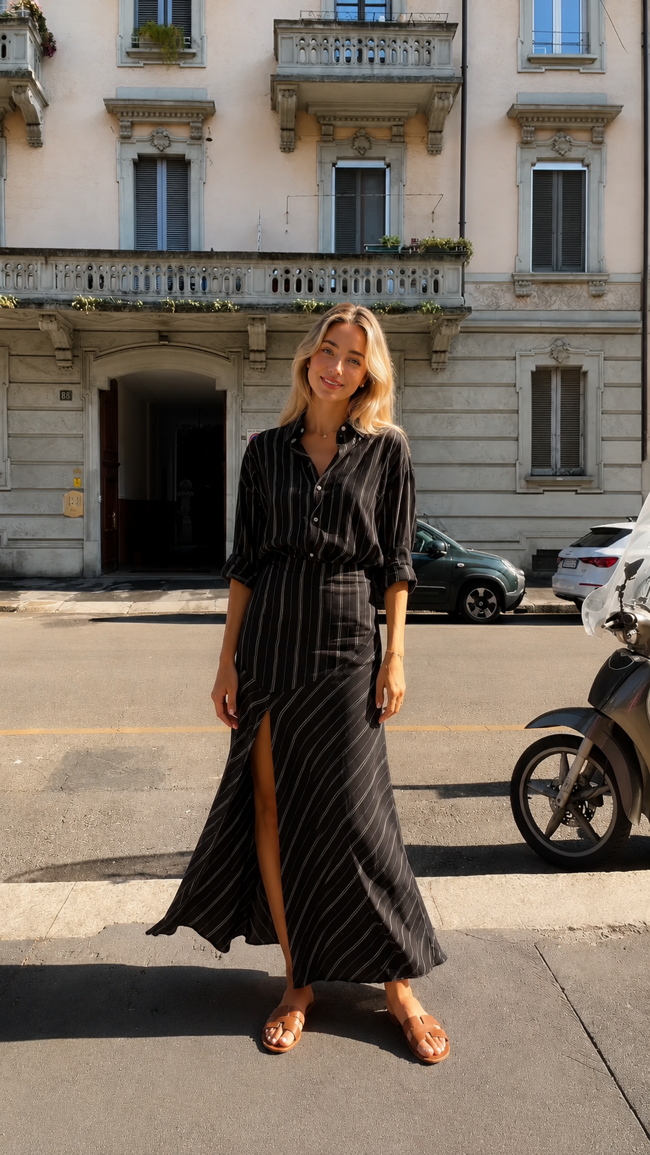 Front view of black striped maxi shirt dress with front slit