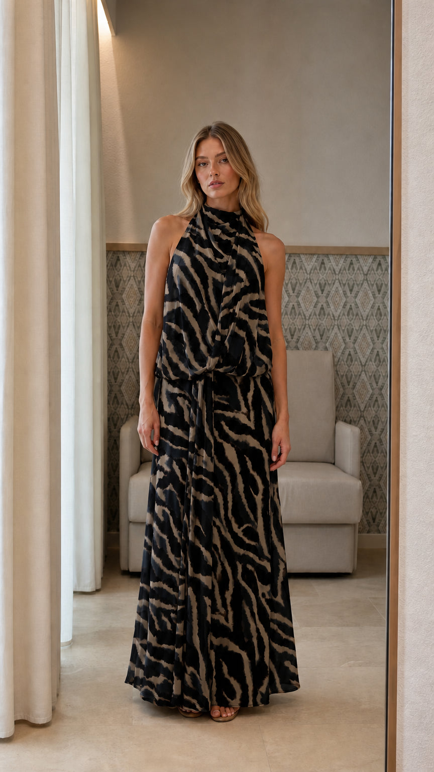 Front view of black animal print maxi dress