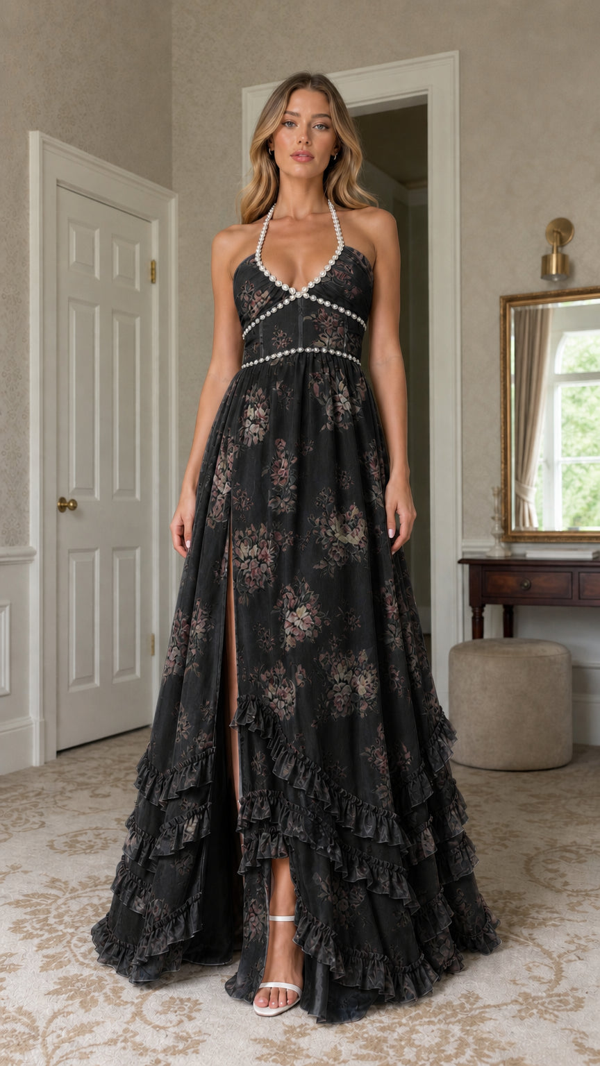 Model wearing black floral print pearl-trimmed halter maxi dress