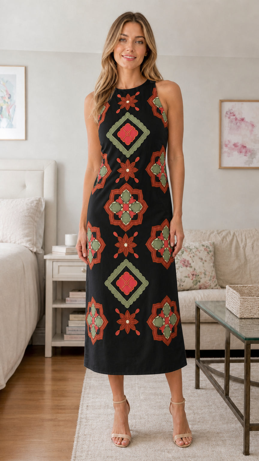 Front view of black geometric embroidered midi dress