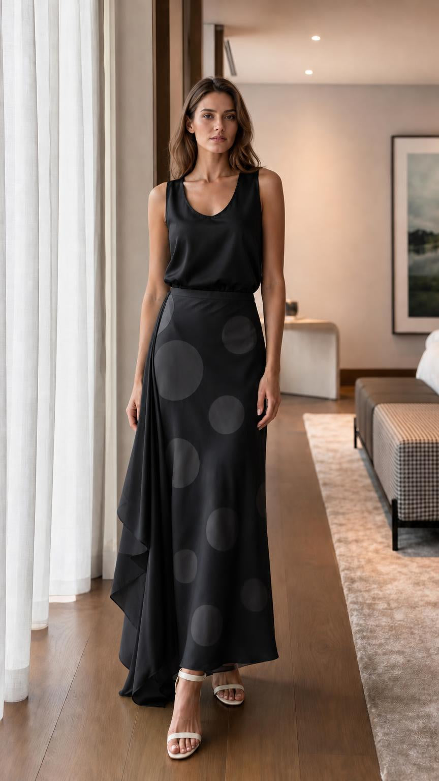 Model wearing black satin set