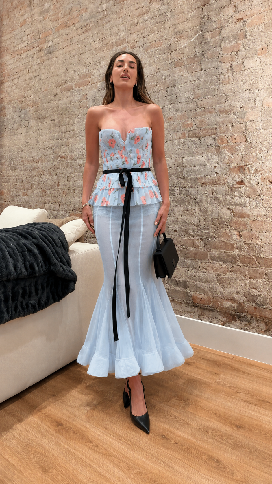 Front view of powder blue strapless floral peplum mermaid maxi dress