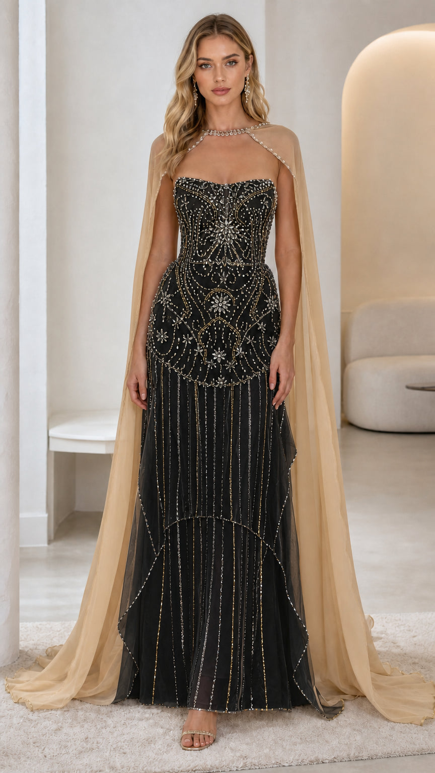 Front view of black color variant with gold beadwork