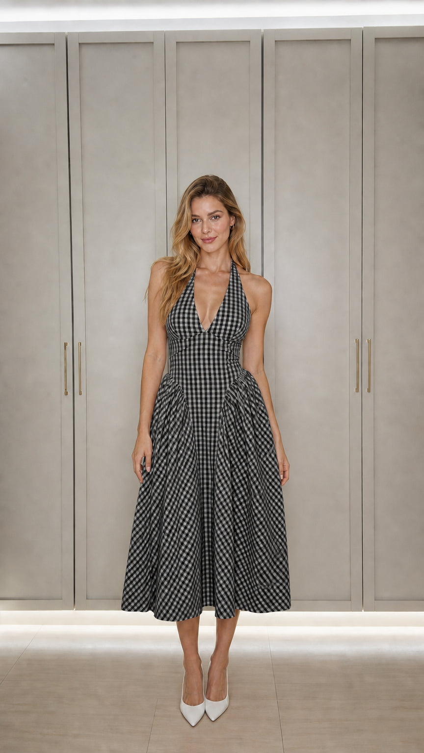 Front view of black gingham midi dress variant
