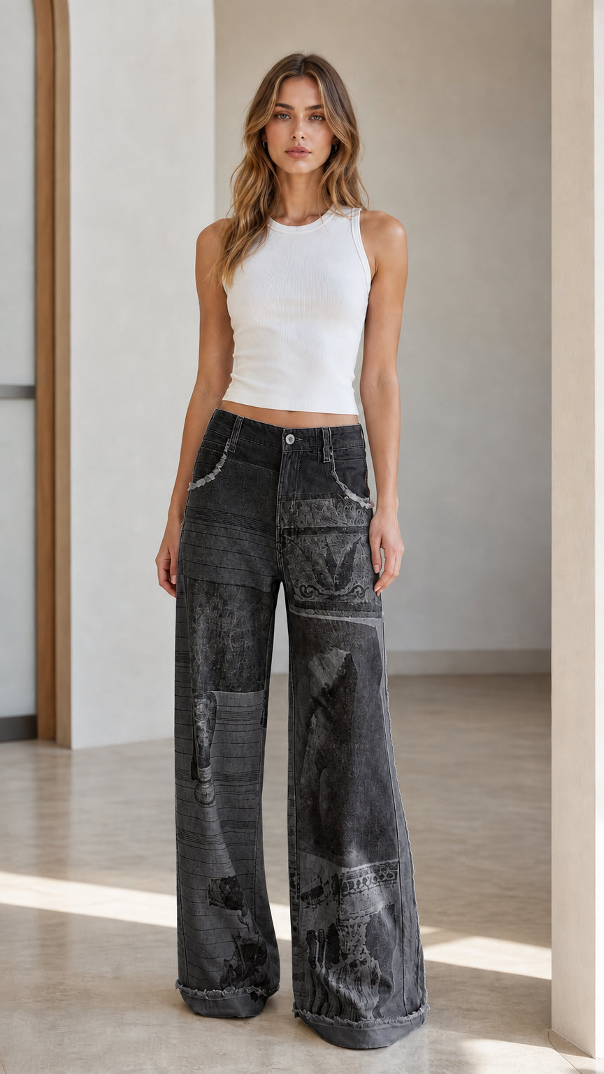 Model wearing black patchwork wide leg jeans