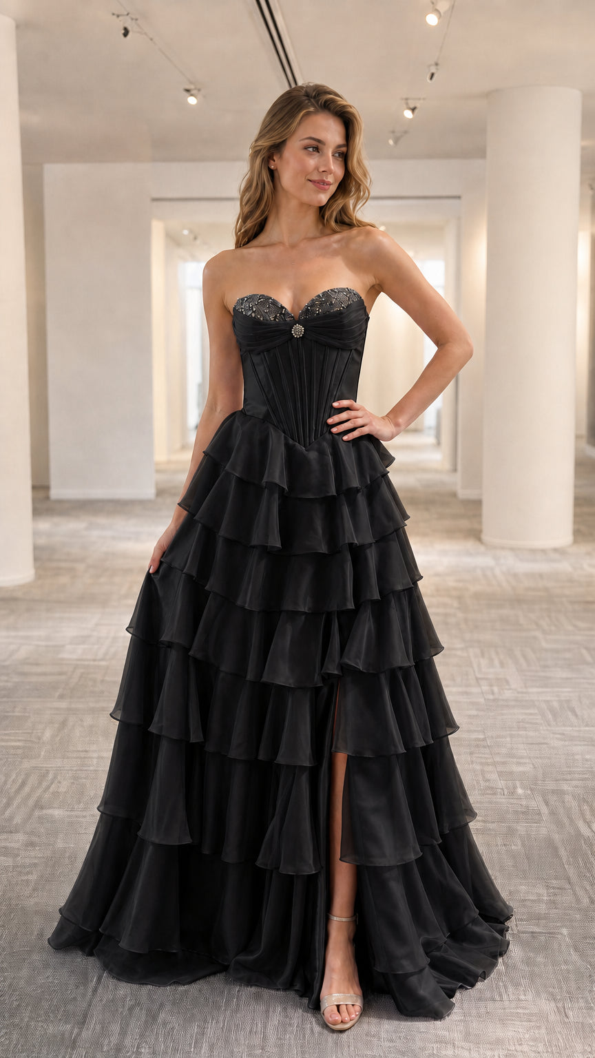 Model wearing black strapless tiered ruffle evening gown