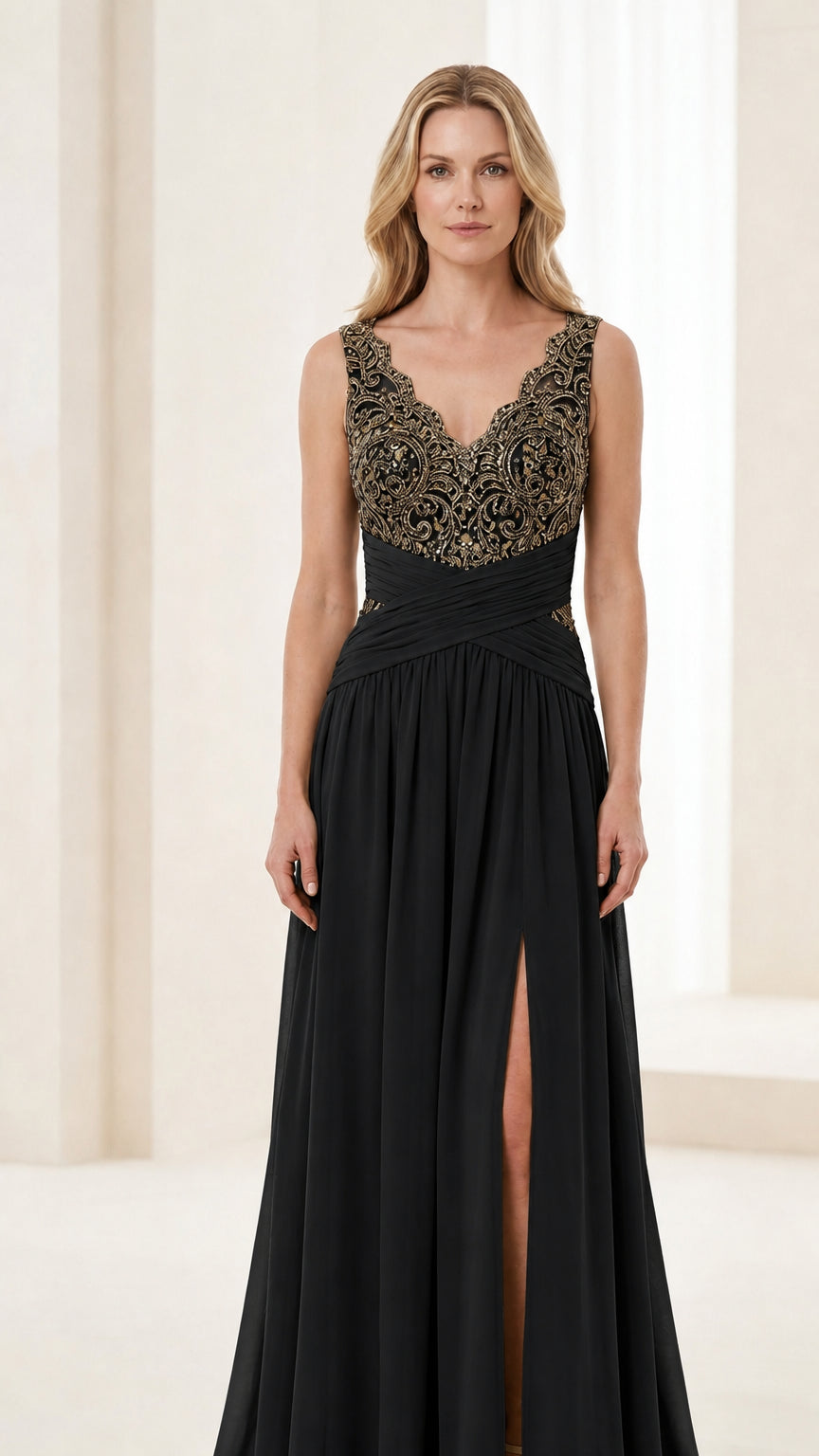 Front view of black evening gown with shimmering embroidered bodice