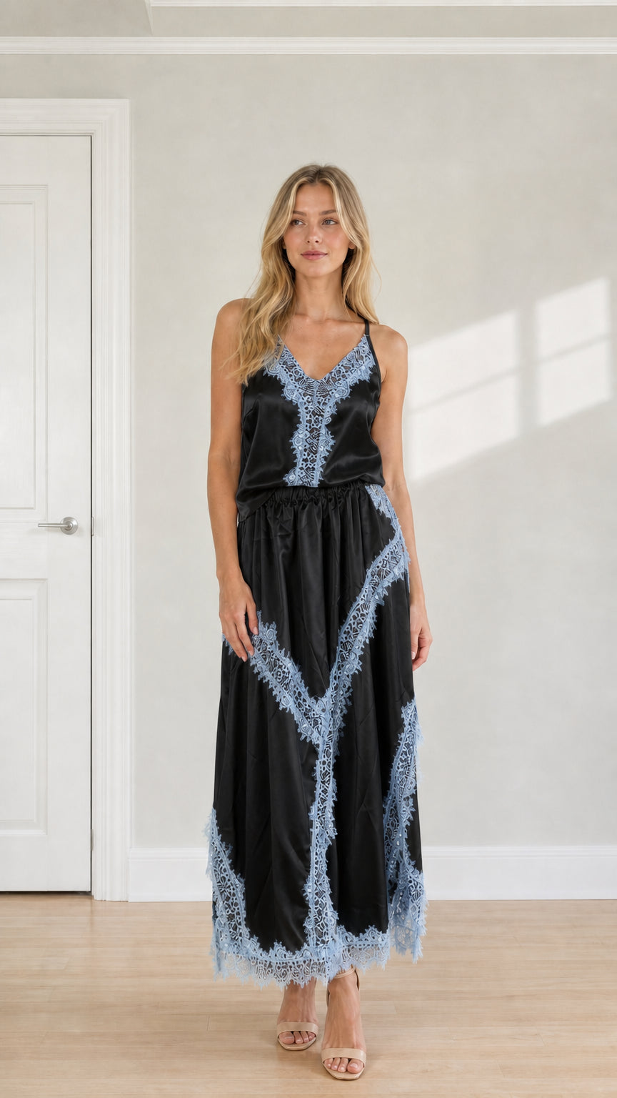 Full length front view of black satin lace trim set