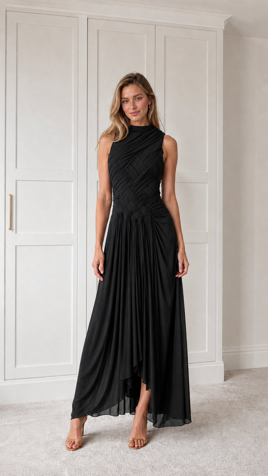 Front view of black pleated maxi dress