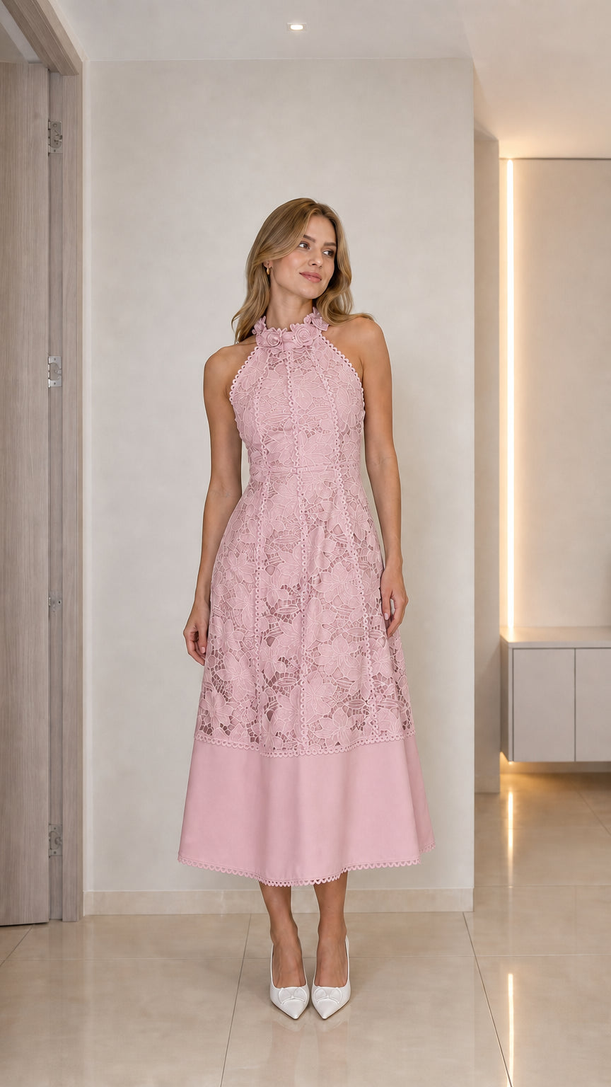 Model wearing pink halter neck floral lace midi dress