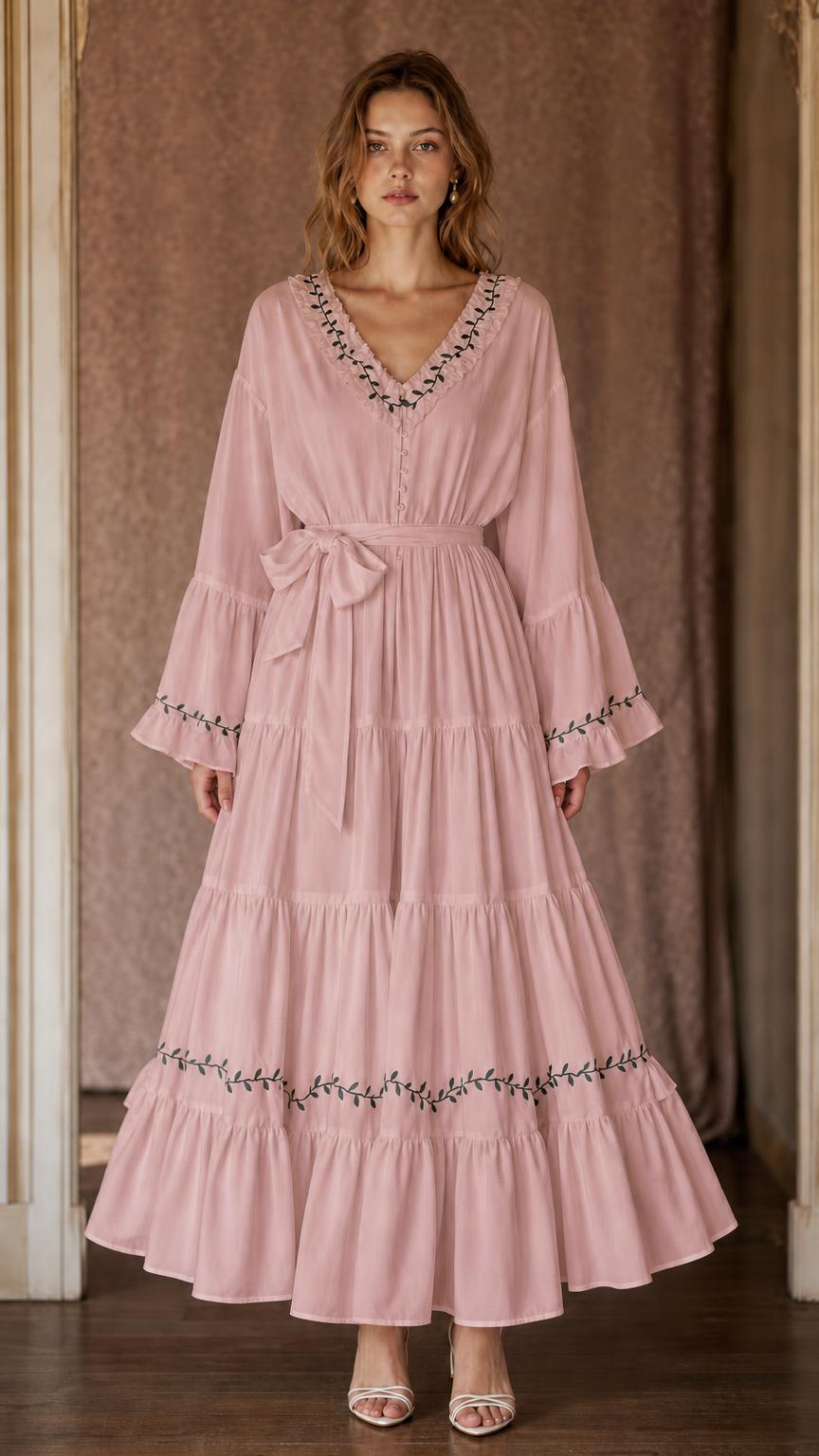 Dusty pink women's tiered maxi dress with embroidered-style trim and flowing tiered skirt