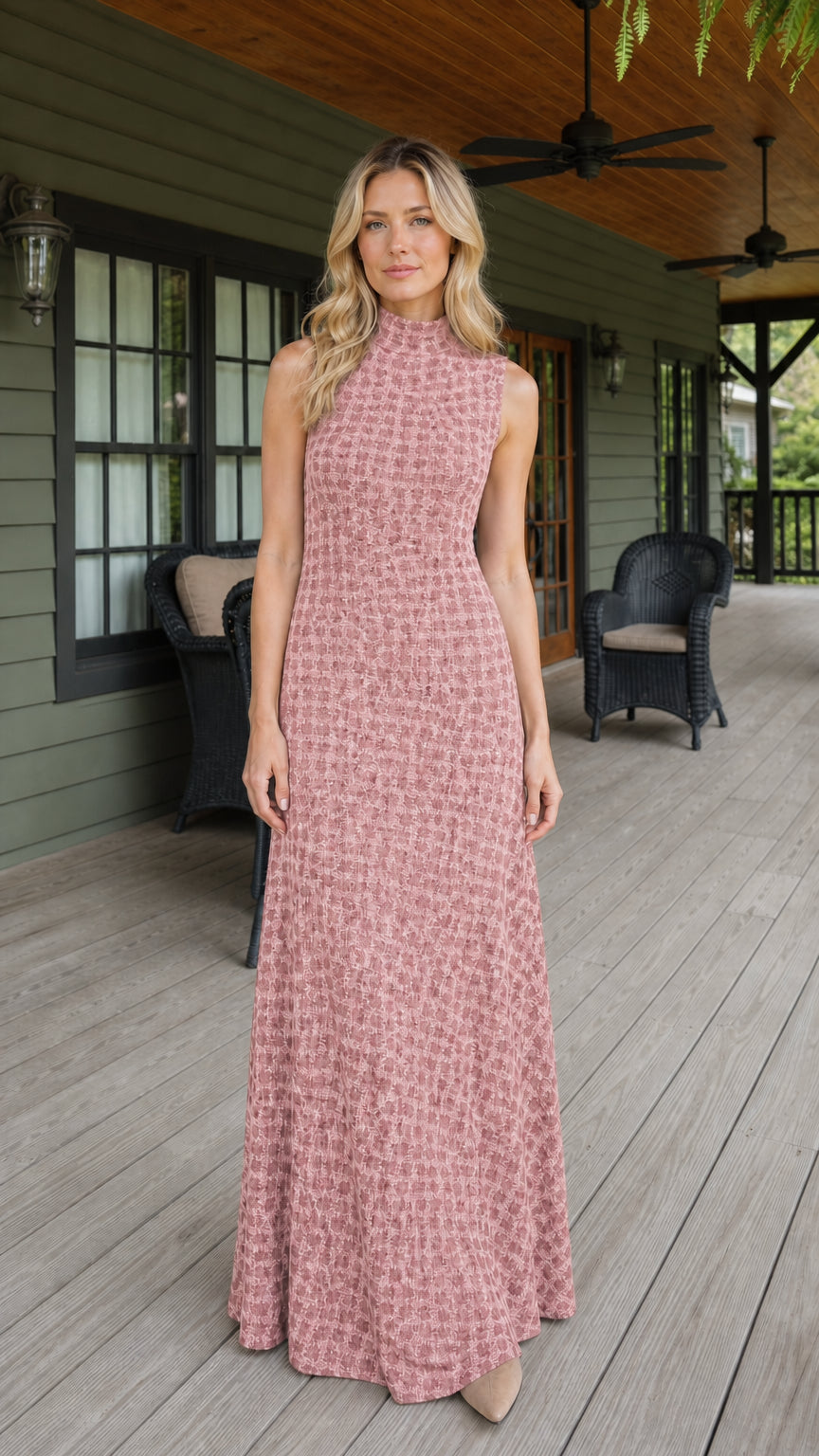 Front view of woman wearing pink textured sleeveless maxi dress