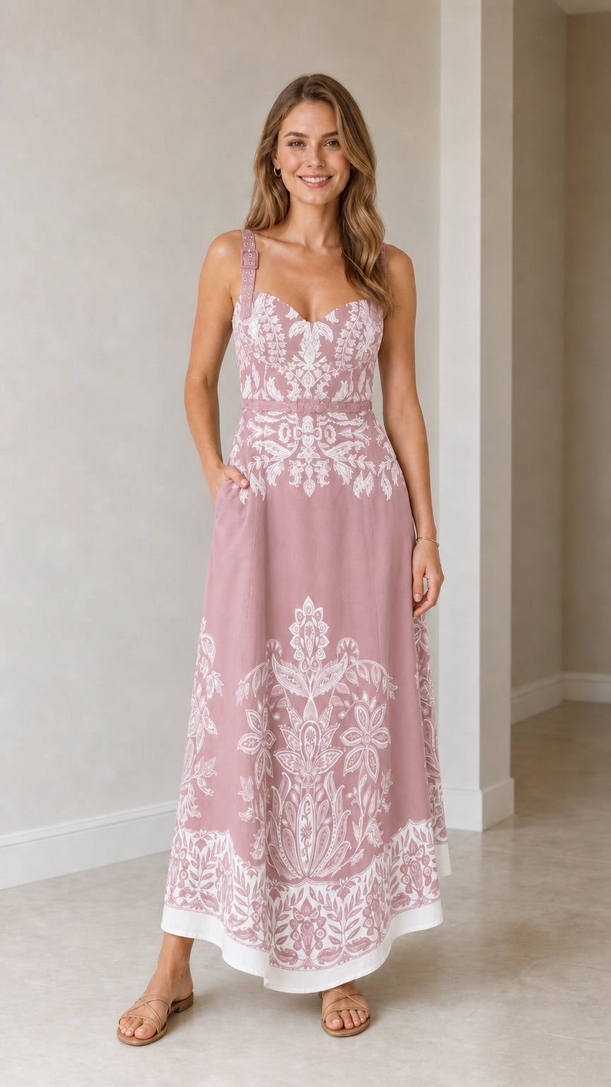 Model wearing pink botanical print maxi dress
