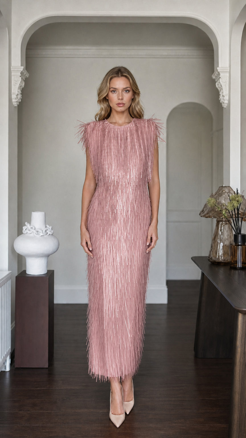 Front view of dusty rose fringe maxi dress