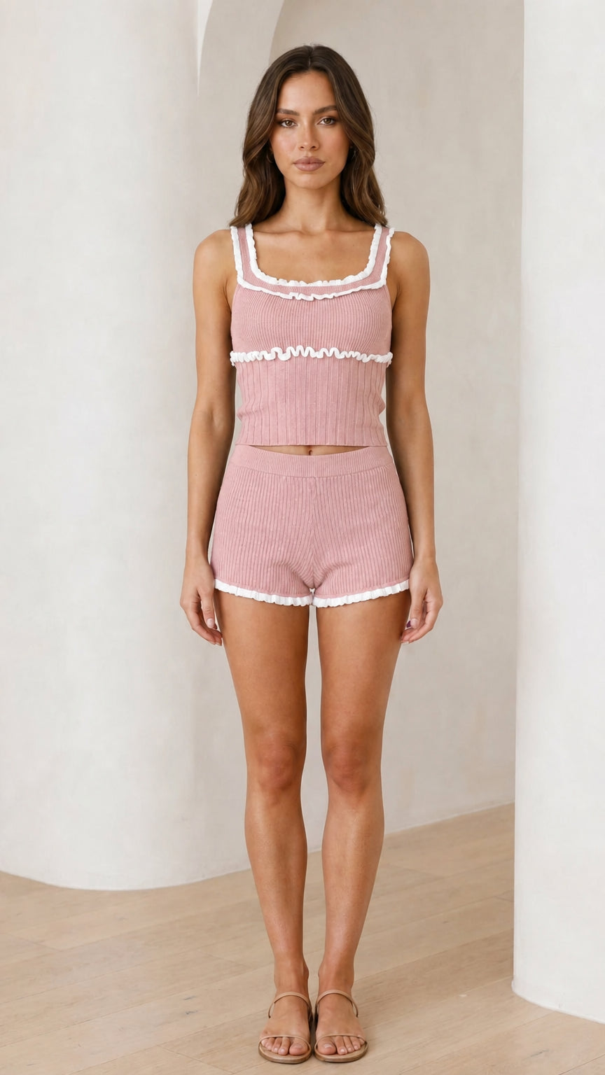 Front view of model wearing pink lounge set