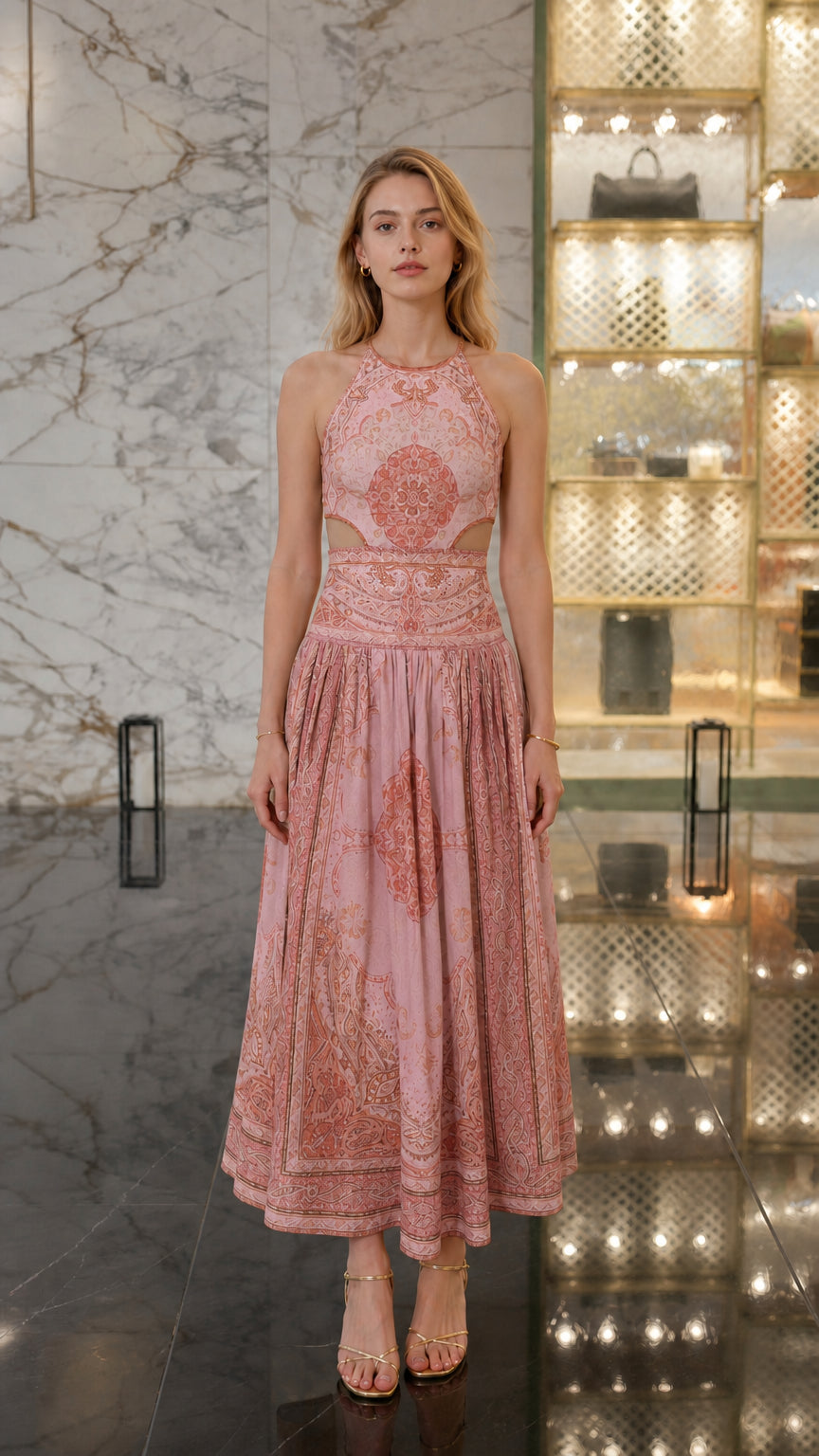 Front view of Pink Multi paisley halter midi dress