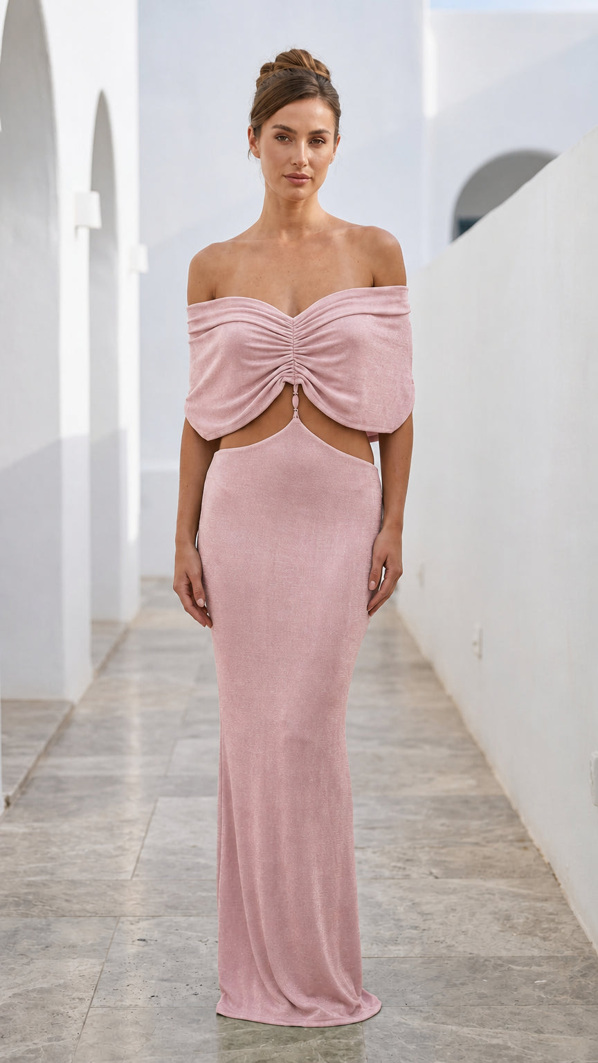 Pink off-shoulder cutout maxi dress front view