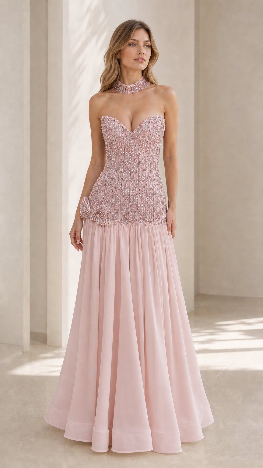 Pink variant of the beaded bustier evening dress