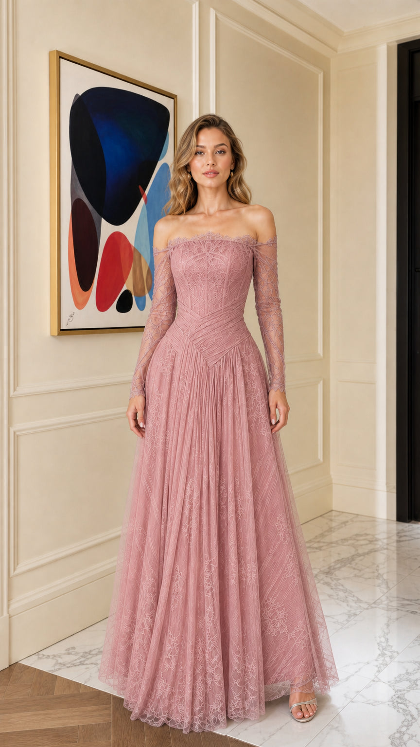Front view of dusty rose off-shoulder lace evening gown