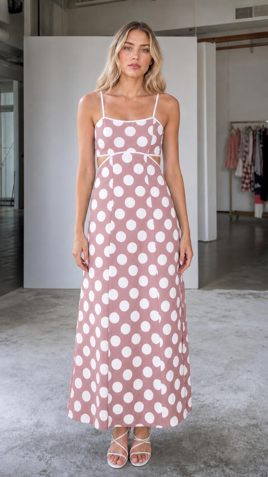 Front view of woman wearing pink polka dot maxi dress