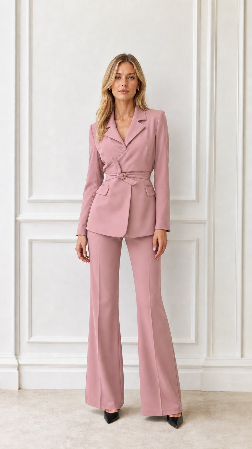 Full length view of woman in dusty pink blazer and flared pants suit
